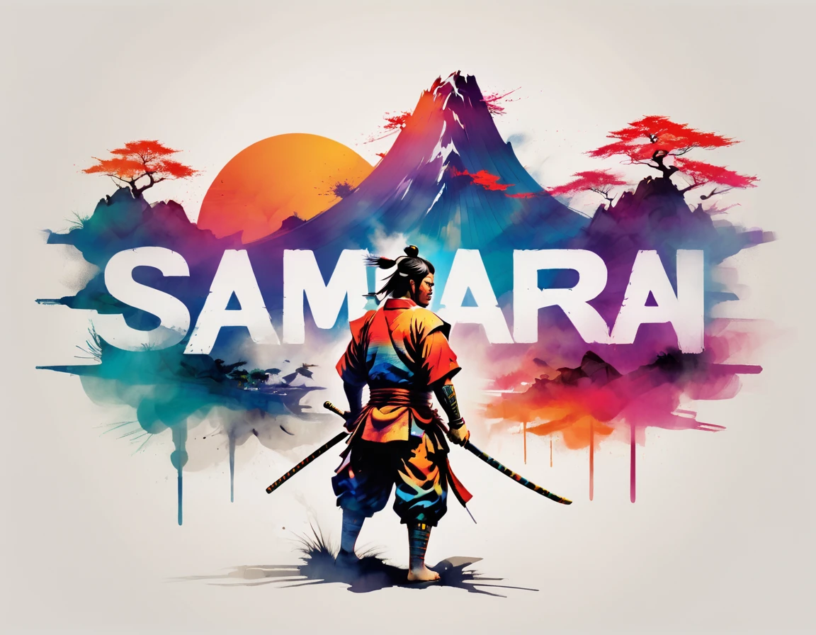 creative illustraton of the word "SAMURAI" double exposure style. The "SAMURAI" is made of kanagawa waves, fuji mountain, swords, vibrant colors, The word is set against a white background. The overall theme is vibrant and fantastic with a touch of digital art sketch by frank frazetta, dan mumford, carne griffith, 