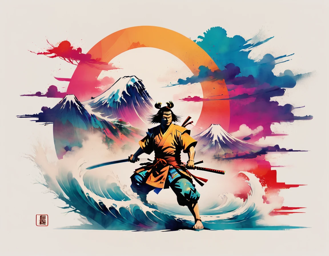 creative illustraton of the word "SAMURAI" double exposure style. The "SAMURAI" is made of kanagawa waves, fuji mountain, swords, vibrant colors, The word is set against a white background. The overall theme is vibrant and fantastic with a touch of digital art sketch by frank frazetta, dan mumford, carne griffith, 