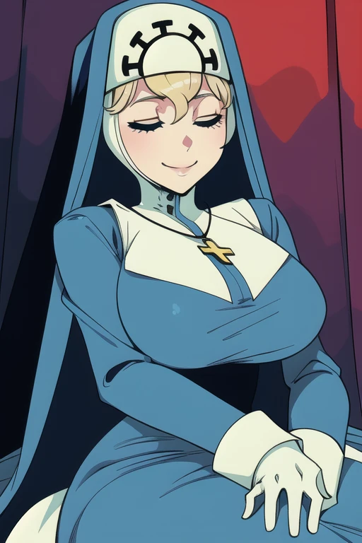 Double, short blonde hair, medium breasts, solo, smiling, cowboy shot, closed eyes, 
 blue habit, cross necklace ,white gloves, long sleeves, nun, 
(insanely detailed, beautiful detailed face,beautiful detailed eyes, masterpiece, best quality) room, bedroom, sitting, lying down, low-angle shot