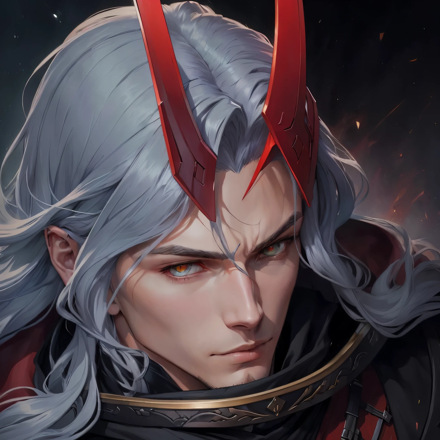 a close-up of a person with red hair and gray hair, casimir art, son of sparda, retrato de barbatana wildcloak, Edelgard de Fire Emblem, astri lohne, alucard, anime character detailed art, handsome guy in demon slayer art, inspired in kris from deltarrune, detailed fanart, mœbius + artegermi comic art