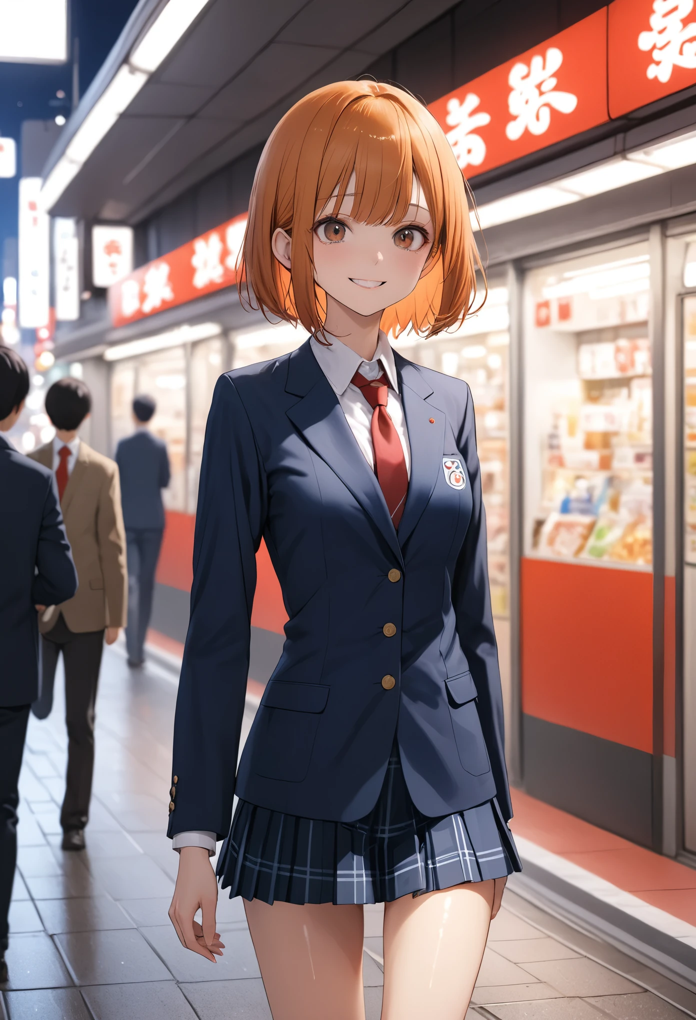 ((masterpiece,Highest quality:1.3,best quality illustration)),cowboy shot,1woman,16-year-old Japan beauty,((very small head:1.4)),short bob hair,bangs,(orange hair),brown eyes,gorgeous eyes,blush,smile,medium breasts,((very long body)),(School uniform,Navy blue blazer、Red tie、White Shirt、Navy blue pleated mini skirt),(toned body,slender body,skinny),gleaming skin,shiny skin,oily skin,standing,Shibuya Station、Tokyo