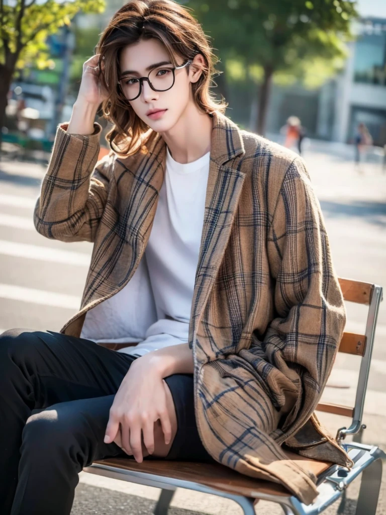 1 age boy, detailed eyes, curly brown hair, pale smooth skin, sitting outdoors, black skinny jeans, plaid shirt outerwear, t-shirt, looks like model, (best quality,4k,8k,highres,masterpiece:1.2),ultra-detailed,(realistic,photorealistic,photo-realistic:1.37),hyperrealistic, cinematic lighting, professional photography, natural setting, warm color tones, pale skin ultra realistic soft smooth skin, soft smile, wearing glasses, skater boy vibe, sitting at skatepark, handsome man, very handsome face, white boy with handsome face, shoulder length hair, perfect hands, perfect anatomy, realistic full body, realistic