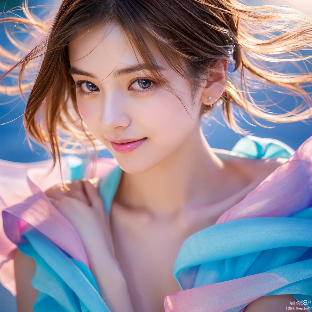 (highest quality, 32k, High resolution, masterpiece:1.5,), Haunting fantasy portrait in abstract style, ((In a swirl of fantastic pastel colors and soft light)), Evoking a sense of soothing tranquility and elusive beauty, Award-winning masterpiece with amazing details, cute japanese woman, 20 years old, perfect human anatomy, big magical eyes, gentle smile, ((Shiny detailed brown hair)), Long straight hair tousled by the wind, Beautiful asymmetrical bangs, hair between eyes, smooth and soft skin, thin eyebrows, clear double eyelids, Attractive pink lips, ((naked, Wrap your body in a transparent silk cloth)), High resolution perfect collarbone, High resolution beautiful bust, Slender body with plump breasts, ((Colorful sparkling light effects:1.3)), summer blue sea, The blue, sparkling water surface reflecting light, bright sunshine, professional lighting, professional photographer, Professional models,mysterious