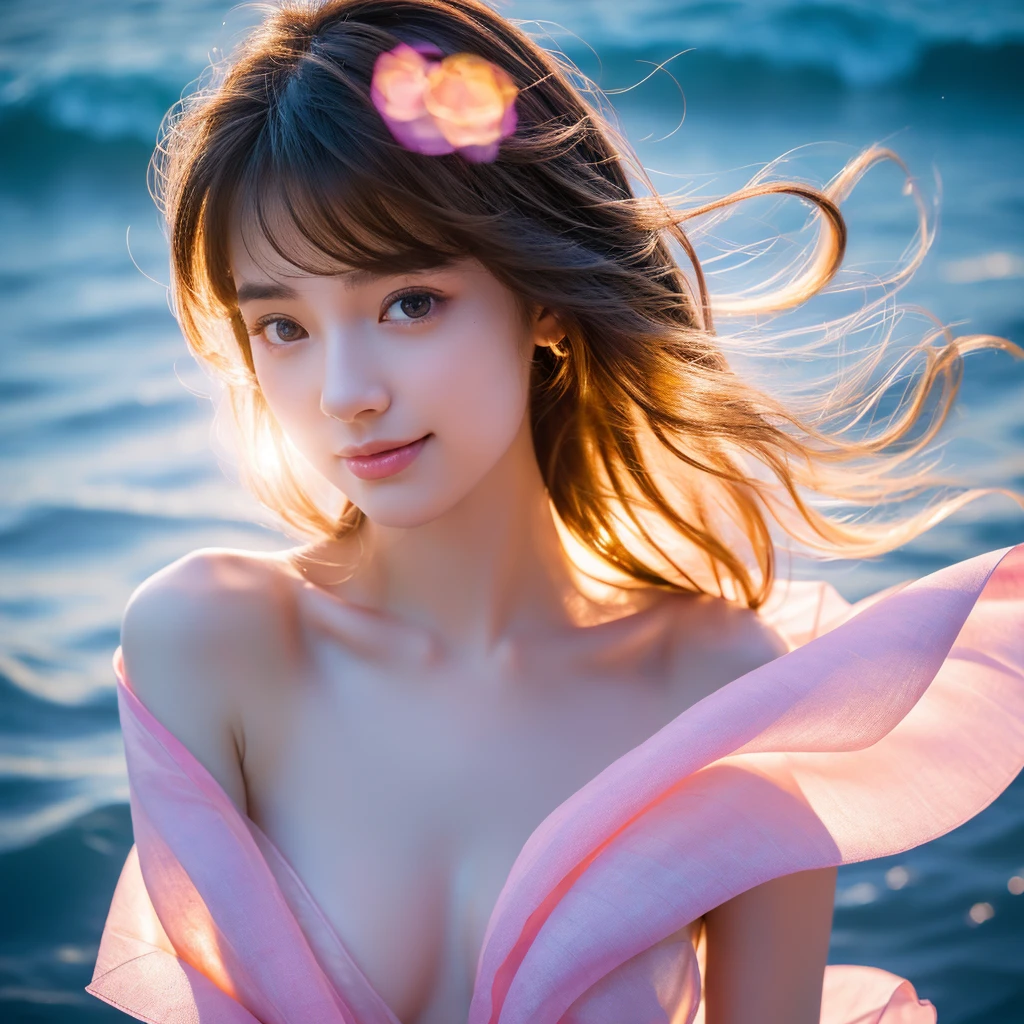 (highest quality, 32k, High resolution, masterpiece:1.5,), Haunting fantasy portrait in abstract style, ((In a swirl of fantastic pastel colors and soft light)), Evoking a sense of soothing tranquility and elusive beauty, Award-winning masterpiece with amazing details, cute japanese woman, 20 years old, perfect human anatomy, big magical eyes, gentle smile, ((Shiny detailed brown hair)), Long straight hair tousled by the wind, Beautiful asymmetrical bangs, hair between eyes, smooth and soft skin, thin eyebrows, clear double eyelids, Attractive pink lips, ((naked, Wrap your body in a transparent silk cloth)), High resolution perfect collarbone, High resolution beautiful bust, Slender body with plump breasts, ((Colorful sparkling light effects:1.3)), summer blue sea, The blue, sparkling water surface reflecting light, bright sunshine, professional lighting, professional photographer, Professional models,mysterious