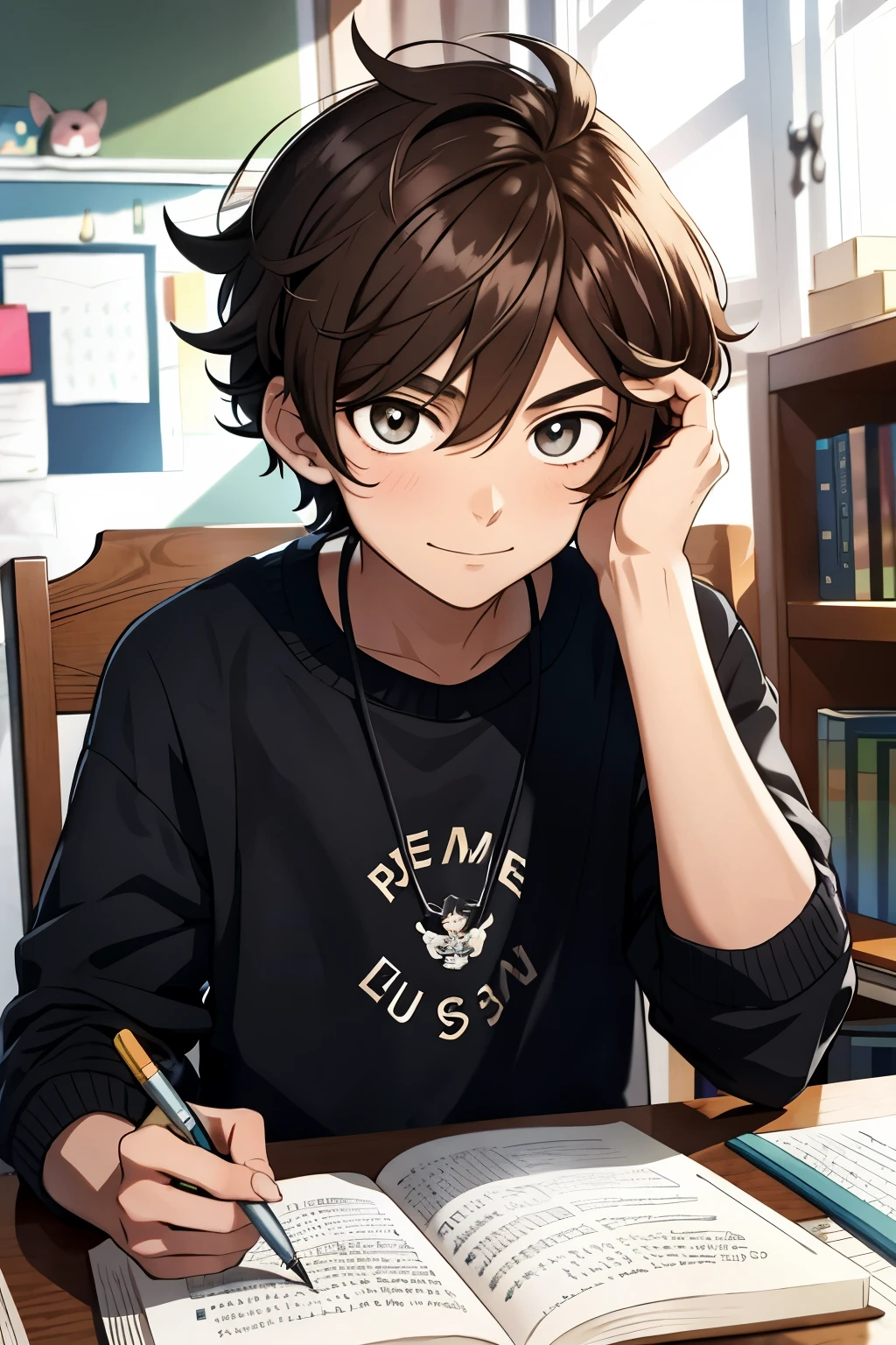 Boy with Disheveled Brown Hair, Radiating aTypical Smile Filled with Mischief, and Sparkling Intelligent Eyes in Anime Style
This boy, enveloped in an anime-style charm, boasts an unkempt head of brown hair that adds to his charming allure. His eyes, gleaming with mischief, sparkle with an intelligence far beyond his years. He occupies a corner of the classroom, surrounded by a table laden with books and scattered small toys. His unconventional arrangement of items reflects his intellectual curiosity and creative spirit. The boy's expression betrays a sense of intellectual irritation, hinting at his keen intellect and