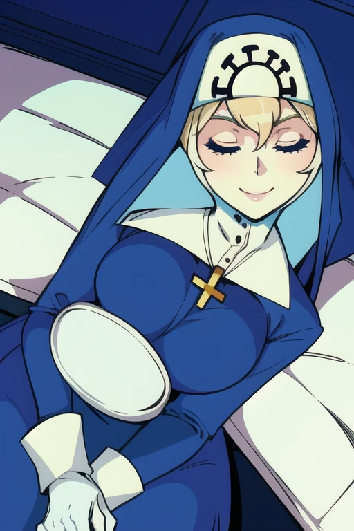 Double, short blonde hair, medium breasts, solo, smiling, cowboy shot, closed eyes, 
 blue habit, cross necklace ,white gloves, long sleeves, nun, 
(insanely detailed, beautiful detailed face,beautiful detailed eyes, masterpiece, best quality) room, bedroom, sitting, lying down, overview -angle shot
