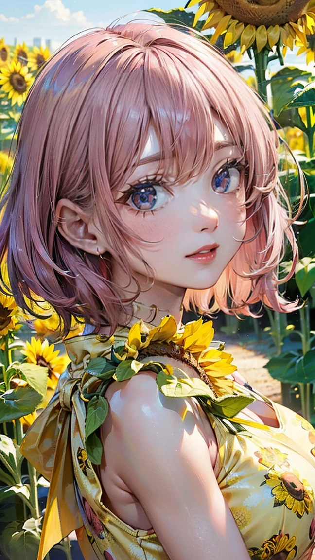 (Masterpiece, BestQuality:1.3), (ultra detailed:1.2), (hyperrealistic:1.3), (RAW photo:1.2), High detail RAW color photo, professional photograph, (Photorealistic:1.4), (realistic:1.4), (Pink Hair:1.5), professional lighting, perfect anatomy, (Big Breasts:1.2), (blush, detailed face), (A happy smile:1.7), sexly, erotic sexly, Random sexy gravure poses, (A girl wearing a yellow floral dress、Having fun in the wind in a sunflower field。:1.3)