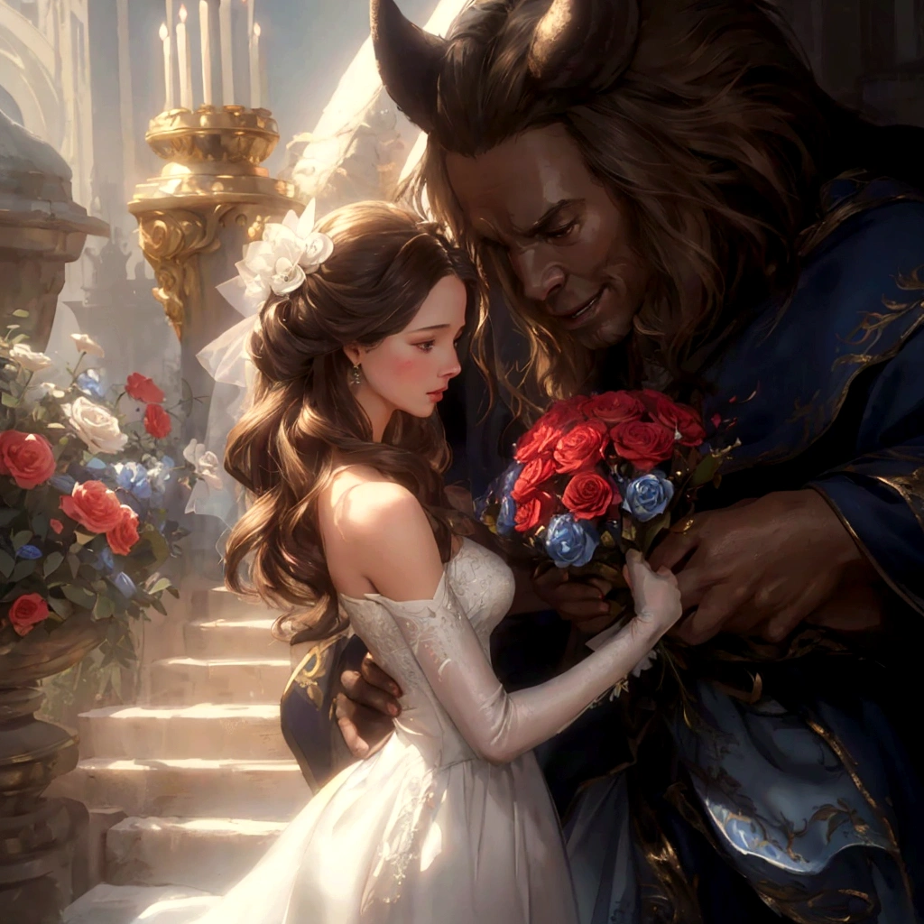 beauty and beast, Illustration of a woman wearing a white dress and holding a bouquet of flowers, Magalie Villeneuve', Disney style art, Beauty and the Beast, Magalie Villeneuve와 모네, Romantic art style, 그래픽 아티스트 magali villeneuve, Magalie Villeneuve(magali villeneuve), love concept art, Disney Art, Art by Wlop and Greg Rutkowski