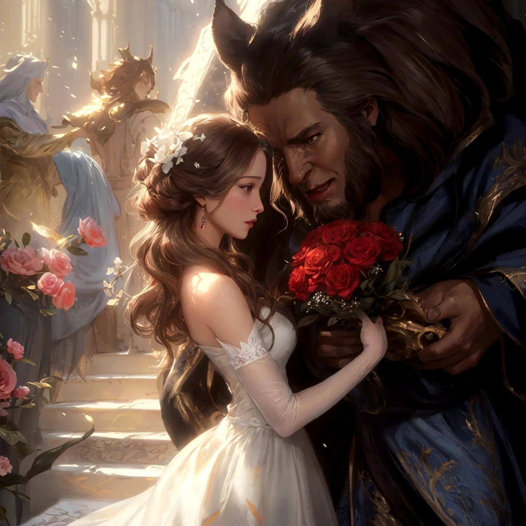 beauty and beast, Illustration of a woman wearing a white dress and holding a bouquet of flowers, Magalie Villeneuve&#39;, Disney style art, Beauty and the Beast, Magalie Villeneuve와 모네, Romantic art style, 그래픽 아티스트 magali villeneuve, Magalie Villeneuve(magali villeneuve), love concept art, Disney Art, Art by Wlop and Greg Rutkowski