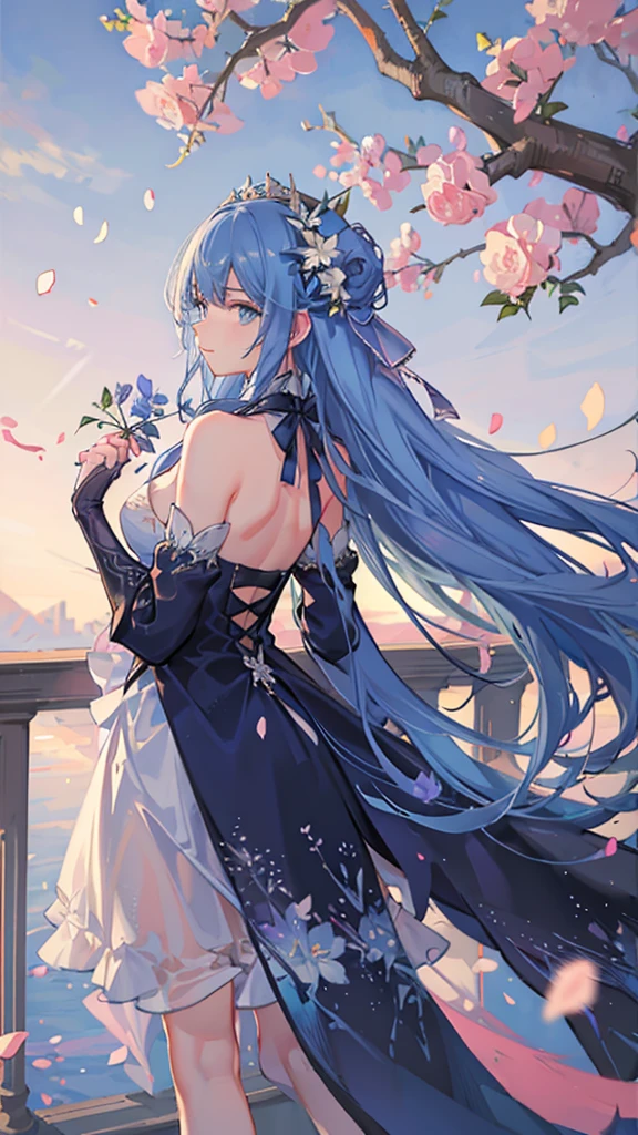 A girl with long blue hair tied high, wearing a prom dress, blue eyes, holding a flower branch, surrounded by flower petals flying in the wind, shimmering and fanciful colors, panoramic view. from far away