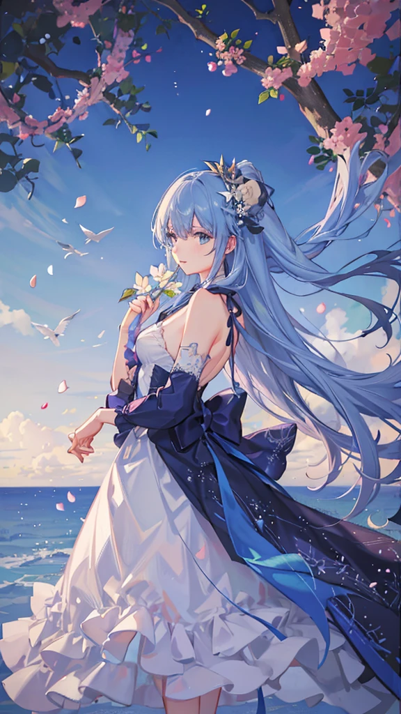 A girl with long blue hair tied high, wearing a prom dress, blue eyes, holding a flower branch, surrounded by flower petals flying in the wind, shimmering and fanciful colors, panoramic view. from far away