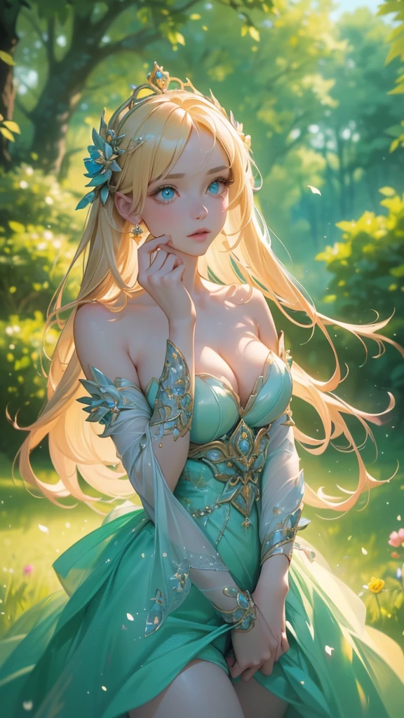 work of art, ultra creative, epic details, ultra detaild, best resolution, Woman, blonde, (Beautiful nymph), crown with crystals ((rosto angelical)), sculptural body, clothes made with green leaves, ((perfect hands))), scenario:Enchanted Forest, (supper: running among the roses, wildflowers),  no mistakes, (((epic details na face))), (((ultra perfect eyes)))