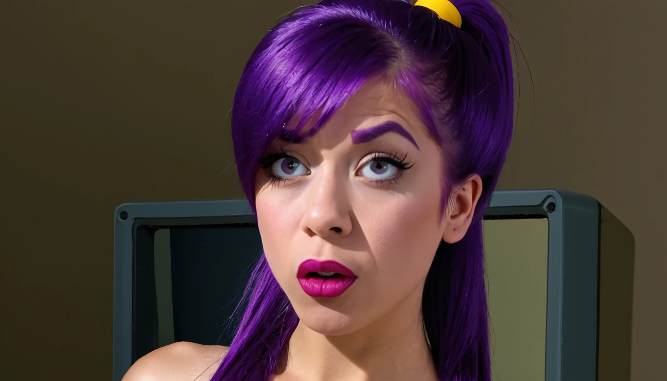 score_9, score_8_up, score_7_up, zPDXL, Leela, purple hair, one-eyed, cyclops, circle eyes, overbite, dot pupil, closes mouth, source_cartoon, futuramastyle, naked. nude photoshooting. 1girl, solo, long hair, ponytail, makeup, parody, lipstick, interior spacecraft