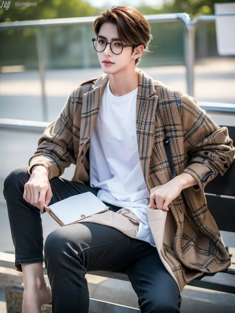 1 teenage boy, detailed eyes, curly brown hair, pale smooth skin, sitting outdoors, black skinny jeans, plaid shirt outerwear, t-shirt, looks like model, (best quality,4k,8k,highres,masterpiece:1.2),ultra-detailed,(realistic,photorealistic,photo-realistic:1.37),hyperrealistic, cinematic lighting, professional photography, natural setting, warm color tones, pale skin ultra realistic soft smooth skin, soft smile, wearing glasses, skater boy vibe, sitting at skatepark, handsome man, very handsome face, white boy with handsome face, shoulder length hair, perfect hands, perfect anatomy, realistic full body, realistic