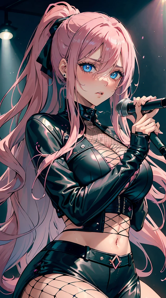 handsome WOMAN，blue-eyes，blue pupils，Long pink hair，Hyperresolution，accuracy，Detailed rendering，（Subtle facial image）（Image of fine hair）（topquality）（Masterpieces of masters）（High degree of completeness）（A sense of atmosphere）tmasterpiece，Super detailed and super detailed（half-body portrait), long wavy pink hair, (((tHICK WAVY HAIR)))(((ANKLE LENGTH HAIR)))(((Blushing)))(((Huge breasts)))(((LARGER BREASTS))) large breasts, bigger breasts (((Bigger breasts))) (((Blushing))) (((Sakimichan))) (((Pink hair))) (((black Rockstar outfit))) (((Leather black outfit))) (((Rockstar)))(((Fishnet tights)))(((cASUAL ROCK OUTFIT))) (((gRUNGE OUTFIT))) (((rOCK MAKEUP))) (((sINGING))) (((bLACK LEATHER OUTFIT))) (((bLACK EYELINER)))(((Fierce expression))) (((Focused))) (((Hair in a long ponytail))) (((Ponytail))) (((Sexy latex outfit)))(((Elf ears)))(((Spotlight))) 