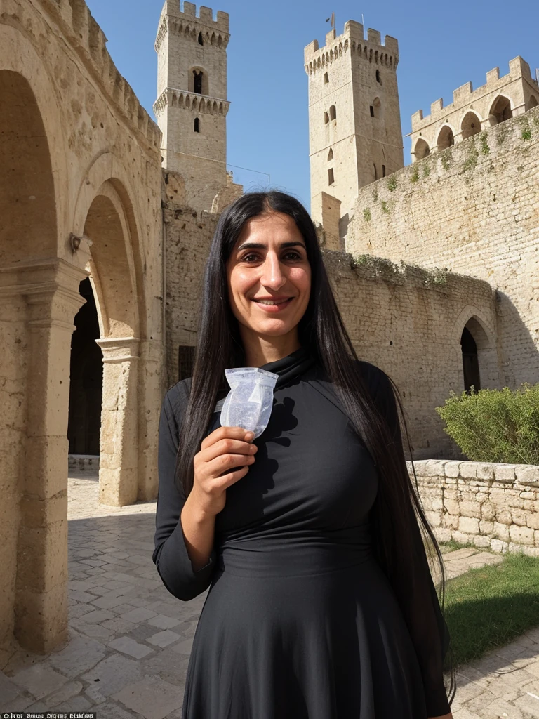 her name is Fatima, a middle-aged Syrian woman, (((snub nose))), (30 years old), (wrinkles), 1girl, solo, (black long hair), smile, wearing sundress outside warm weather A Venetian-era fortress with impressive walls and towers, wide shot, upper body and upper legs