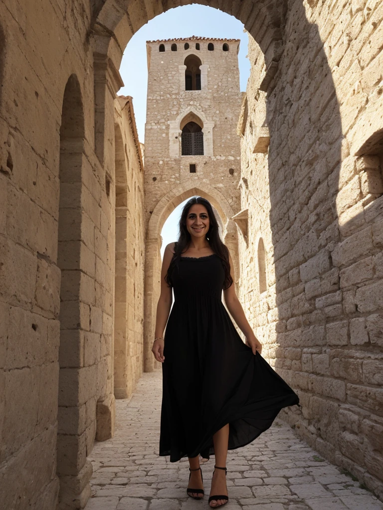 her name is Fatima, a middle-aged Syrian woman, (((snub nose))), (30 years old), (wrinkles), 1girl, solo, (black long hair), smile, wearing sundress outside warm weather A Venetian-era fortress with impressive walls and towers, wide shot, upper body and upper legs