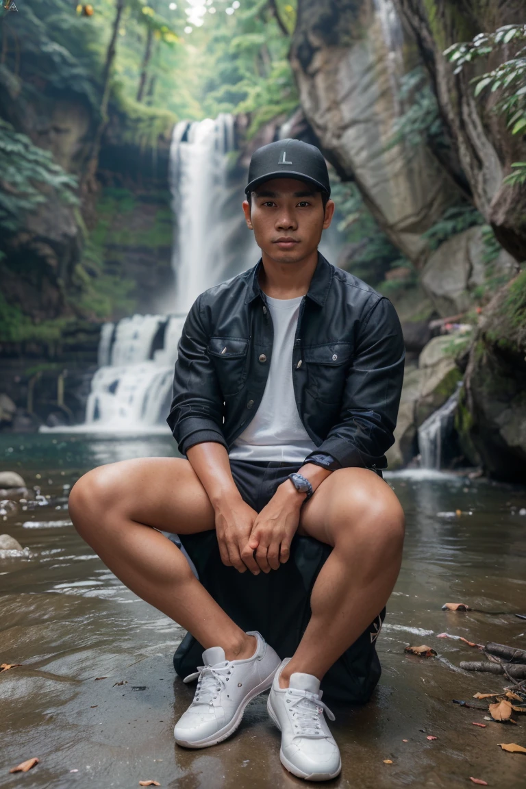 
Handsome Javanese Indonesian man (25 years old, oval and clean face, ideal body and neat, Indonesian skin, wearing a trucker jacket and black bag and sneakers, pose sitting on a folding chair, photography style photo facing front, there is a tent beside him, face visible, behind near the man there is a beautiful waterfall, bright ultra HD atmosphere, original photo, high detail, very sharp, 18mm lens, realistic, photography, Leica camera