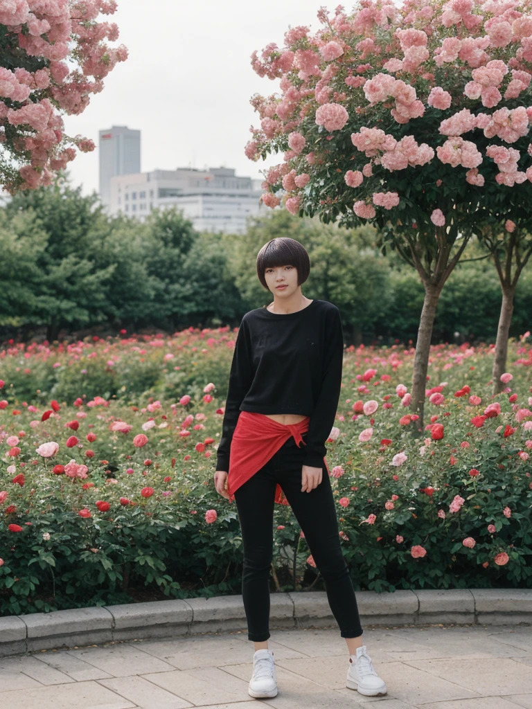 her name is Asako, high quality, 1girl, ((20-year-old fit Caucasian woman)), ((20 years old)), ((slim)), ((Edgy Bowl Cut hair)), pose: standing, wearing edgy Generation-Z modern wear bright colored, BACKGROUND:In the International Rose Test Garden, with thousands of blooming roses and views of the city skyline.