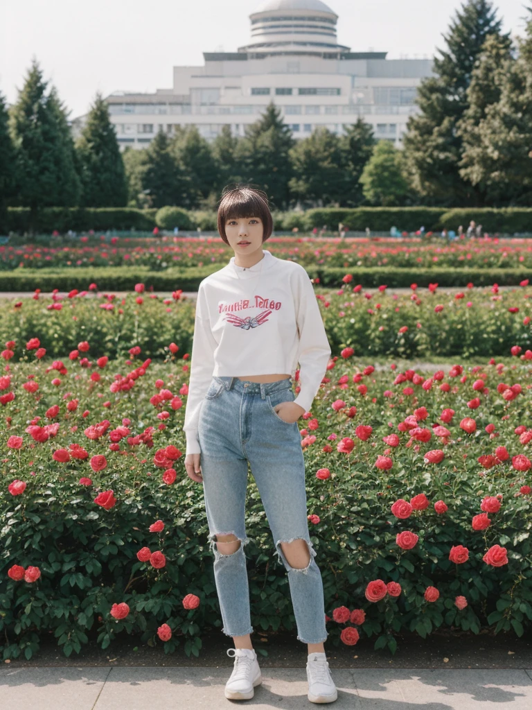 her name is Asako, high quality, 1girl, ((20-year-old fit Caucasian woman)), ((20 years old)), ((slim)), ((Edgy Bowl Cut hair)), pose: standing, wearing edgy Generation-Z modern wear bright colored, BACKGROUND:In the International Rose Test Garden, with thousands of blooming roses and views of the city skyline.