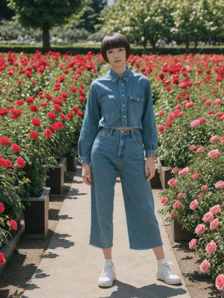 her name is Asako, high quality, 1girl, ((20-year-old fit Caucasian woman)), ((20 years old)), ((slim)), ((Edgy Bowl Cut hair)), pose: standing, wearing edgy Generation-Z modern wear bright colored, BACKGROUND:In the International Rose Test Garden, with thousands of blooming roses and views of the city skyline.