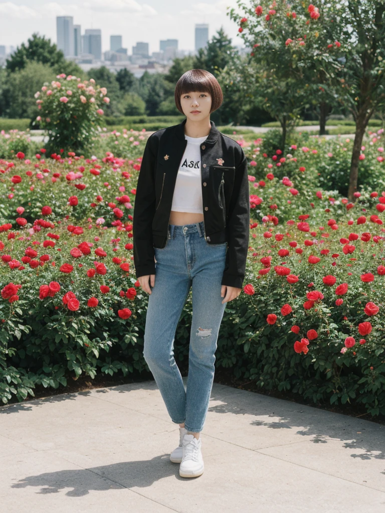her name is Asako, high quality, 1girl, ((20-year-old fit Caucasian woman)), ((20 years old)), ((slim)), ((Edgy Bowl Cut hair)), pose: standing, wearing edgy Generation-Z modern wear bright colored, BACKGROUND:In the International Rose Test Garden, with thousands of blooming roses and views of the city skyline.