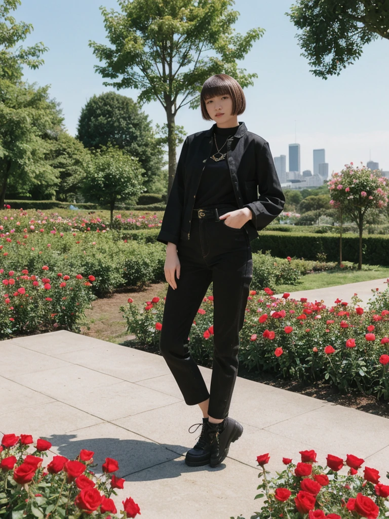 her name is Asako, high quality, 1girl, ((20-year-old fit Caucasian woman)), ((20 years old)), ((slim)), ((Edgy Bowl Cut hair)), pose: standing, wearing edgy Generation-Z modern wear bright colored, BACKGROUND:In the International Rose Test Garden, with thousands of blooming roses and views of the city skyline.