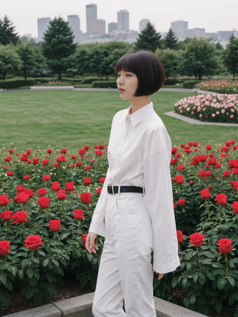 her name is Asako, high quality, 1girl, ((20-year-old fit Caucasian woman)), ((20 years old)), ((slim)), ((Edgy Bowl Cut hair)), pose: standing, wearing edgy Generation-Z modern wear bright colored, BACKGROUND:In the International Rose Test Garden, with thousands of blooming roses and views of the city skyline.