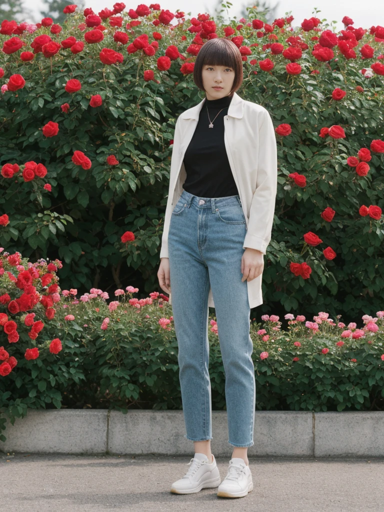 her name is Asako, high quality, 1girl, ((20-year-old fit Caucasian woman)), ((20 years old)), ((slim)), ((Edgy Bowl Cut hair)), pose: standing, wearing edgy Generation-Z modern wear bright colored, BACKGROUND:In the International Rose Test Garden, with thousands of blooming roses and views of the city skyline.