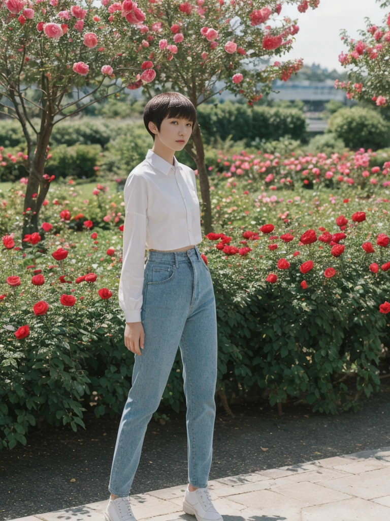 her name is Asako, high quality, 1girl, ((20-year-old fit Caucasian woman)), ((20 years old)), ((slim)), ((Edgy Bowl Cut hair)), pose: standing, wearing edgy Generation-Z modern wear bright colored, BACKGROUND:In the International Rose Test Garden, with thousands of blooming roses and views of the city skyline.