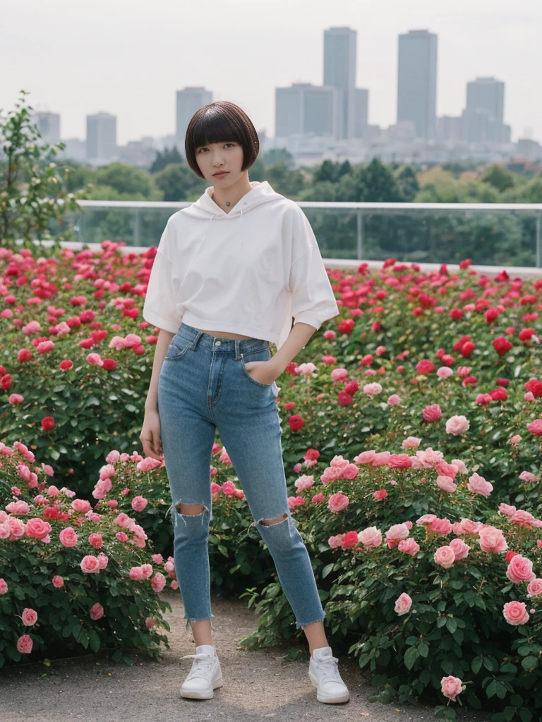 her name is Asako, high quality, 1girl, ((20-year-old fit Caucasian woman)), ((20 years old)), ((slim)), ((Edgy Bowl Cut hair)), pose: standing, wearing edgy Generation-Z modern wear bright colored, BACKGROUND:In the International Rose Test Garden, with thousands of blooming roses and views of the city skyline.