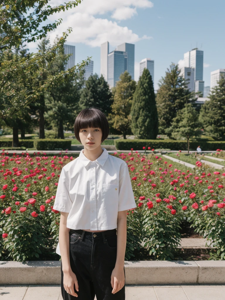 her name is Asako, high quality, 1girl, ((20-year-old fit Caucasian woman)), ((20 years old)), ((slim)), ((Edgy Bowl Cut hair)), pose: standing, wearing edgy Generation-Z modern wear bright colored, BACKGROUND:In the International Rose Test Garden, with thousands of blooming roses and views of the city skyline.