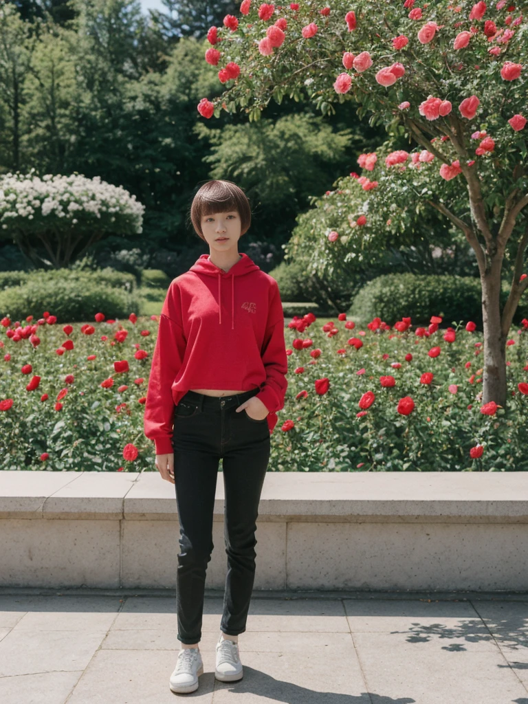 her name is Asako, high quality, 1girl, ((20-year-old fit Caucasian woman)), ((20 years old)), ((slim)), ((Edgy Bowl Cut hair)), pose: standing, wearing edgy Generation-Z modern wear bright colored, BACKGROUND:In the International Rose Test Garden, with thousands of blooming roses and views of the city skyline.