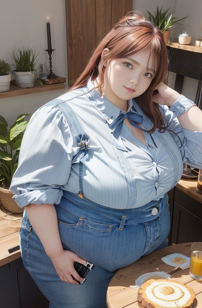 Makima de l'anime "chainsaw man", bbwchan, corps entier, magnifique et ultra détaillée. Ssbbw, obésité morbide, Cheveux rouges, yeux jaunes, visage gras, visage ultra détaillé et doux. Chemise, jupe en jean, pose dynamique, soleil, gros ventre rond et moux débordant sur la table