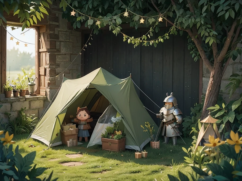 Help me think of a pattern design, Making tent packaging,Mainly adopt,There are soldiers in armor,Standing by the wall with windows, torch