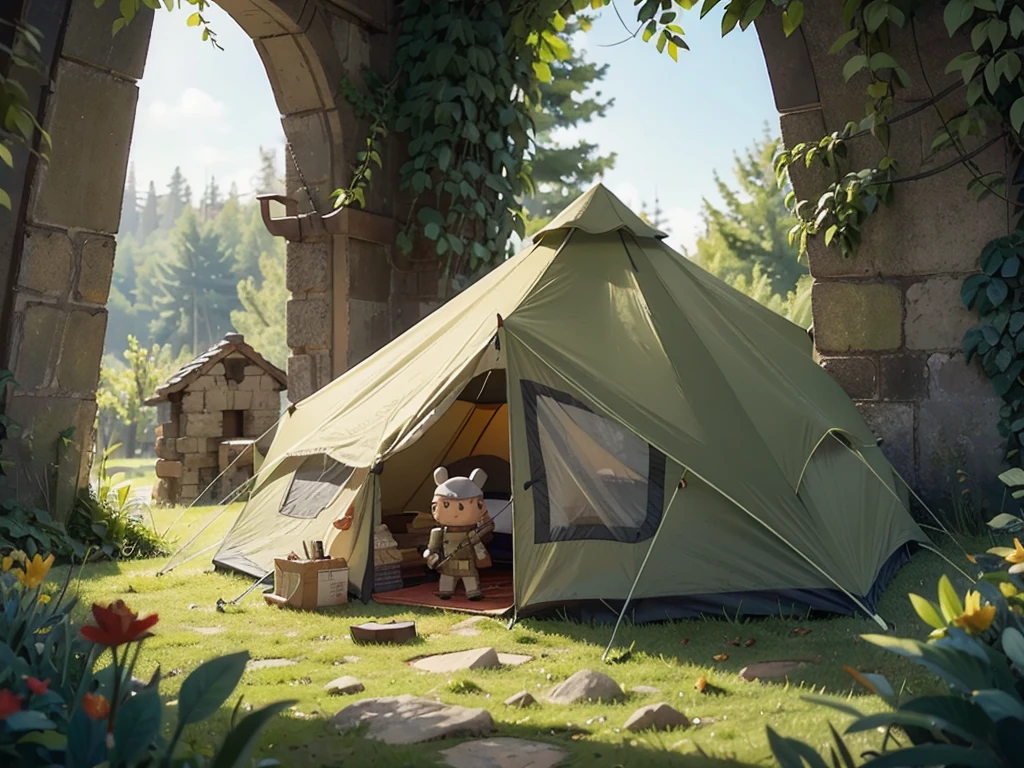 Help me think of a pattern design, Making tent packaging,Mainly adopt,There are soldiers in armor,Standing by the wall with windows, torch