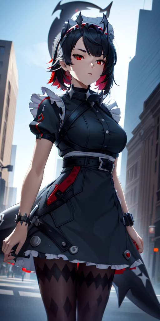 Anti-Joe, Ugly Joe, Black Hair, Colored undercoat, multicoloRed hair, (Red Eyes:1.3), Red hair, short hair, Two-tone hair,
rest bapron, black Pantyhose, black shirt, black skirt, ear punching, arrive, fish Tail, maid, maid apron, maid headdress, Pantyhose, punching, puffy Short sleeve, Puff sleeves, Shark Girl, shark Tail, shirt, Short sleeve, skirt, Tail, Two-tone hair, Wrist sleeves,
rest outdoors, City, Sky, cloud, sun, architecture, crowd, people, alley,
rest looking at viewer, (Cowboy shooting:1.5),
rest (masterpiece:1.2), best quality, high resolution, Unity 8K wallpaper, (illustration:0.8), (beautiful deTailed eyes:1.6), extremely deTailed face, Perfect lighting, extremely deTailed CG, (Perfect hands, Perfect anatomical structure),