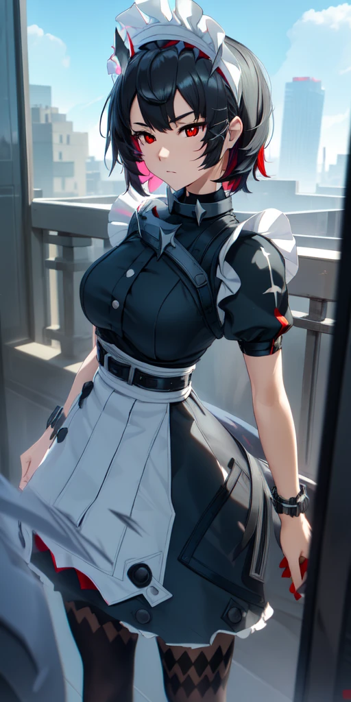 Anti-Joe, Ugly Joe, Black Hair, Colored undercoat, multicoloRed hair, (Red Eyes:1.3), Red hair, short hair, Two-tone hair,
rest bapron, black Pantyhose, black shirt, black skirt, ear punching, arrive, fish Tail, maid, maid apron, maid headdress, Pantyhose, punching, puffy Short sleeve, Puff sleeves, Shark Girl, shark Tail, shirt, Short sleeve, skirt, Tail, Two-tone hair, Wrist sleeves,
rest outdoors, City, Sky, cloud, sun, architecture, crowd, people, alley,
rest looking at viewer, (Cowboy shooting:1.5),
rest (masterpiece:1.2), best quality, high resolution, Unity 8K wallpaper, (illustration:0.8), (beautiful deTailed eyes:1.6), extremely deTailed face, Perfect lighting, extremely deTailed CG, (Perfect hands, Perfect anatomical structure),