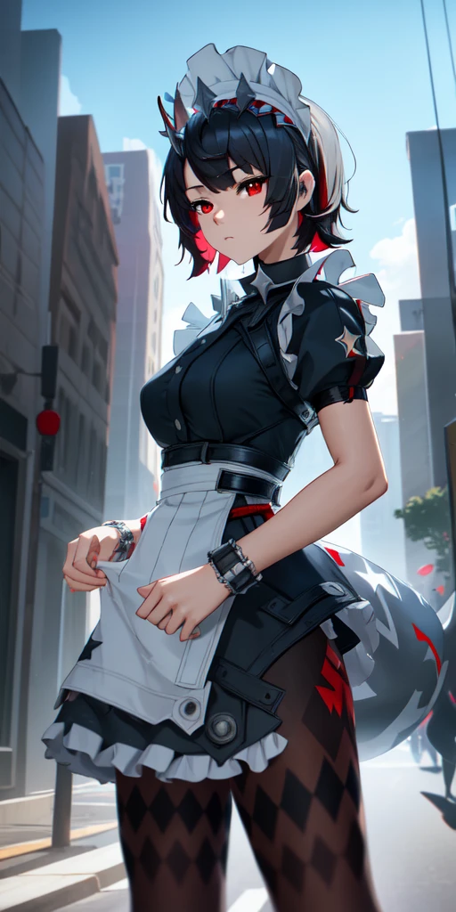 Anti-Joe, Ugly Joe, Black Hair, Colored undercoat, multicoloRed hair, (Red Eyes:1.3), Red hair, short hair, Two-tone hair,
rest bapron, black Pantyhose, black shirt, black skirt, ear punching, arrive, fish Tail, maid, maid apron, maid headdress, Pantyhose, punching, puffy Short sleeve, Puff sleeves, Shark Girl, shark Tail, shirt, Short sleeve, skirt, Tail, Two-tone hair, Wrist sleeves,
rest outdoors, City, Sky, cloud, sun, architecture, crowd, people, alley,
rest looking at viewer, (Cowboy shooting:1.5),
rest (masterpiece:1.2), best quality, high resolution, Unity 8K wallpaper, (illustration:0.8), (beautiful deTailed eyes:1.6), extremely deTailed face, Perfect lighting, extremely deTailed CG, (Perfect hands, Perfect anatomical structure),