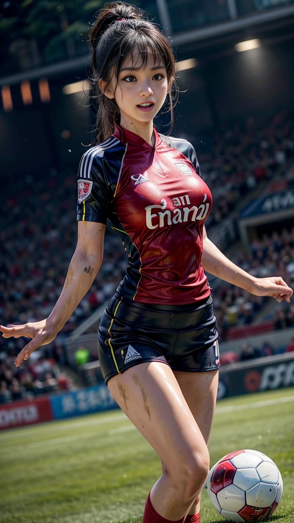 Highest quality, High resolution:1.2, Very detailed, Realistic:1.3, ((Beautiful woman))、((Super tight uniform))、((Big Breasts))、(The abdomen is visible)、(((Soccer uniforms)))、Vibrant colors, play soccer,(Blunt bangs)、((Various Hair Styles))、Different hair colors、With bangs、Wet Hair, concentrate, splash, Action Shots, Grass blotches, Muddy ground, Wet turf, decide, Fast-paced games, Athletic physique, Shiny soccer ball, Wet Uniform, raindrop, Blurred motion, ボールにconcentrateする, Intense competition, Skillful dribbling, Energetic play, Teamwork, powerful shoots, Wet pitch, Passionate sports, Fierce decide, Humid atmosphere, Fluid movement, emotional expression、Dramatic lighting, Women's Sports, Avid athletes, Exciting Games, Endure, Excited state, Speed and agility, Energetic play, 濡れたsplash、smile、((Red Uniform))