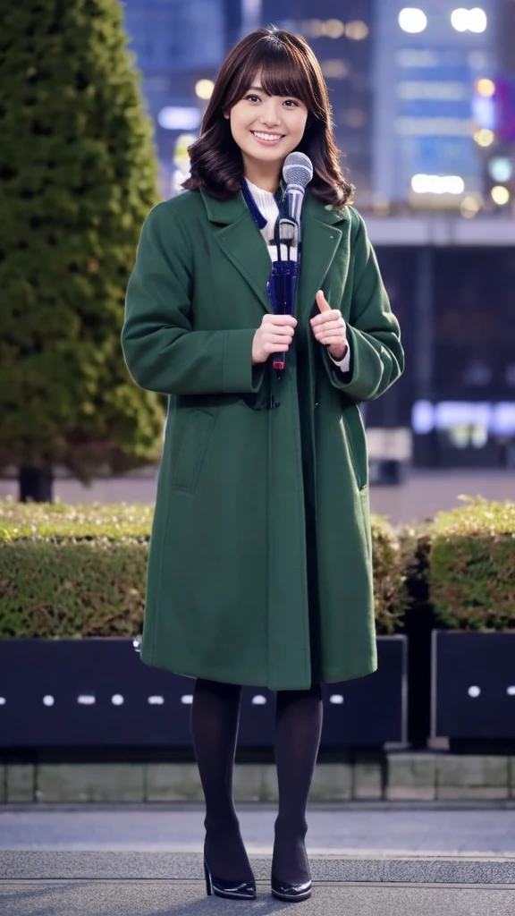 A real-life photo of a cute Japanese weather forecaster wearing a closed coat,Medium Hair, pumps,A girl broadcasting live with a microphone,Broadcasting with a microphone outdoors in Tokyo in winter,Standing in front of Tokyo Station,wearing pumps and black tights,masterpiece,ultra detail face,genuine photo,realistic