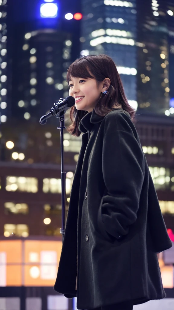 A real-life photo of a cute Japanese weather forecaster wearing a closed coat,Medium Hair, pumps,A girl broadcasting live with a microphone,Broadcasting with a microphone outdoors in Tokyo in winter,Standing in front of Tokyo Station,wearing pumps and black tights,masterpiece,ultra detail face,genuine photo,realistic