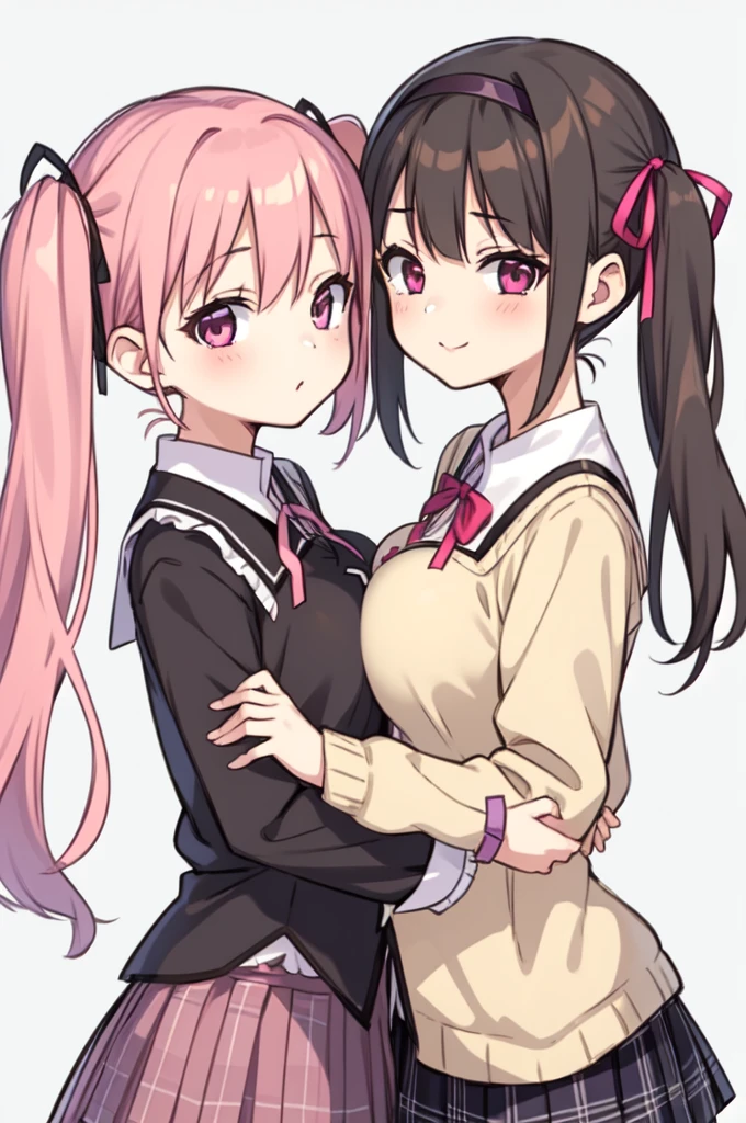 2girls, akemi homura, alternate breast size, black hair, day, bow, breast press, hair ribbon, hairband, kaname madoka, long hair, looking at viewer, mitakihara , multiple girls, pink eyes, pink hair, plaid, plaid skirt, purple eyes, ribbon, , short hair, short twintails, simple background, skirt, symmetrical docking, twintails, white background, yuri,outdoors,潰れた大きい胸