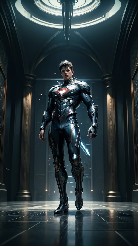 ((masterpiece)), ((best quality)), NVIDIA RTX, intricate details, cinematic lights, reflection lights details, Chris evan as futuristic Superman, full body