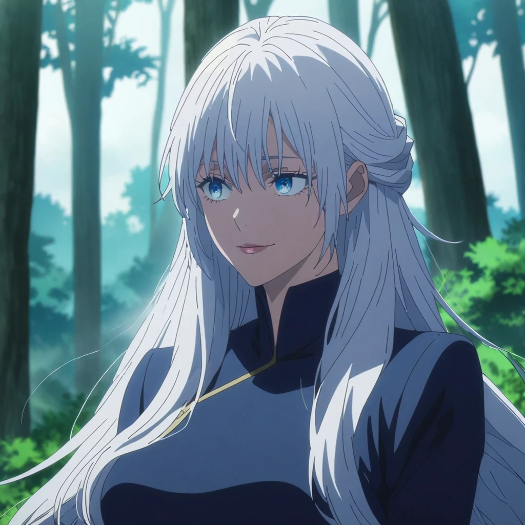 1girl, anime screencap from jujutsu kaisen, solo, very long_hair, ((smooth texture hair)) purple eyes, ((long hair, white hair, blue universal_eye)), breasts, upper_body, smile, forest background, blue_eyes, lips, ((long white hair, elegant hairstyle ,blue universal_eye)) wearing black color clothes, breast, "very detailed and high resolution" (blue eyes) ((cross arms)) ((smooth texture hair)) ((solo)) ((high resolution)) (Good quality)