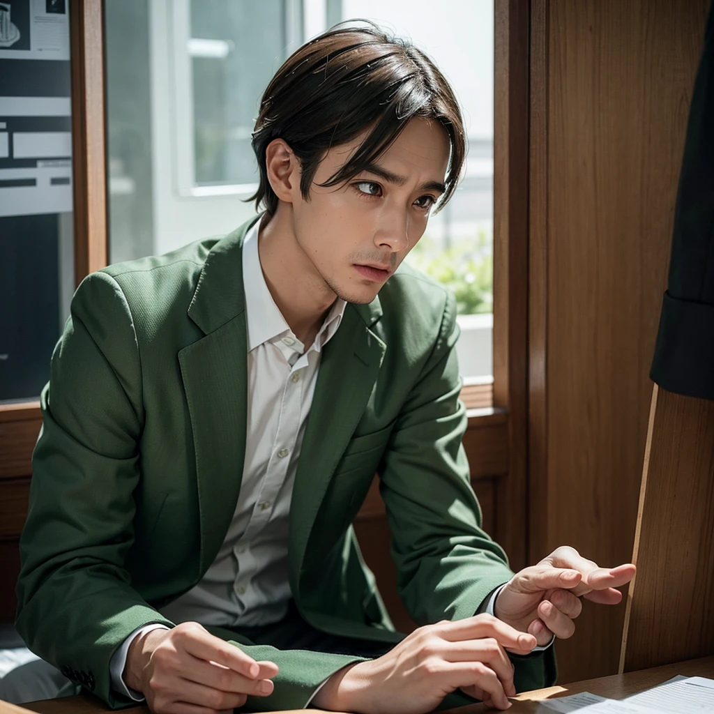Create an image depicting a man dressed in a green business suit who exhibits excessive concern and consideration towards others in his everyday life. Show him in various daily situations where he demonstrates heightened attentiveness and care for those around him. Capture realistic expressions and gestures that convey his thoughtful and empathetic nature. Set the scenes in typical daily environments to emphasize the relatability and realism of his actions. Ensure the composition convincingly portrays his genuine kindness and attentive demeanor.