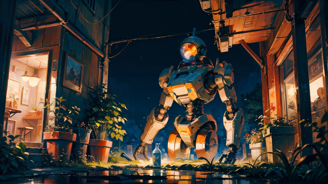 Fantasy painting of a rusty old robot watering the last plants on Earth, Night view, lofi