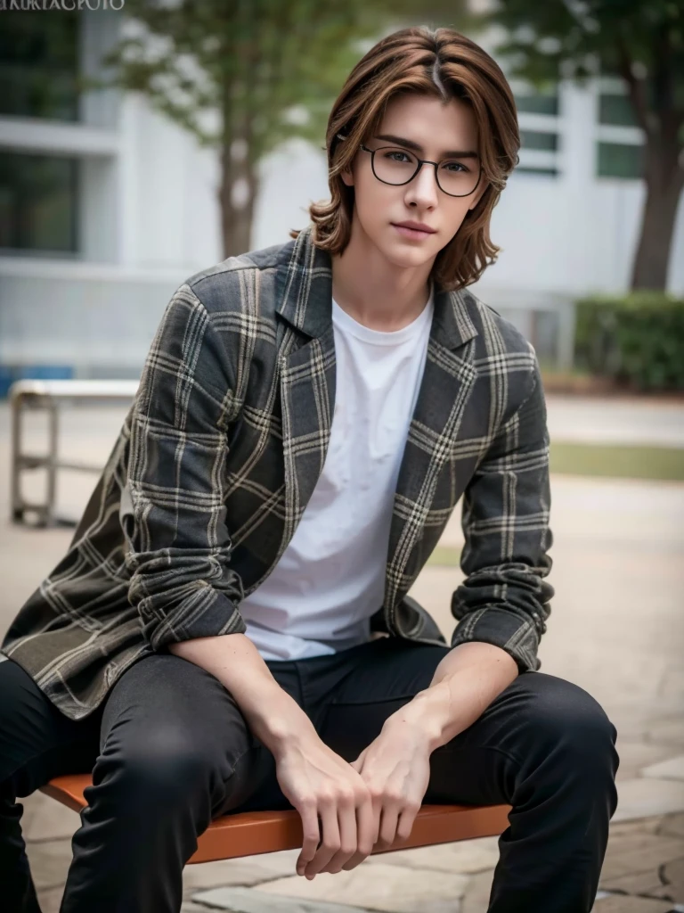 1 teenage boy, detailed eyes, curly brown hair, pale smooth skin, sitting outdoors, black skinny jeans, plaid shirt outerwear, t-shirt, looks like model, (best quality,4k,8k,highres,masterpiece:1.2),ultra-detailed,(realistic,photorealistic,photo-realistic:1.37),hyperrealistic, cinematic lighting, professional photography, natural setting, warm color tones, pale skin ultra realistic soft smooth skin, soft smile, wearing glasses, skater boy vibe, sitting at skatepark, handsome man, very handsome face, white boy with handsome face, shoulder length hair, perfect hands, perfect anatomy, realistic full body, realistic 