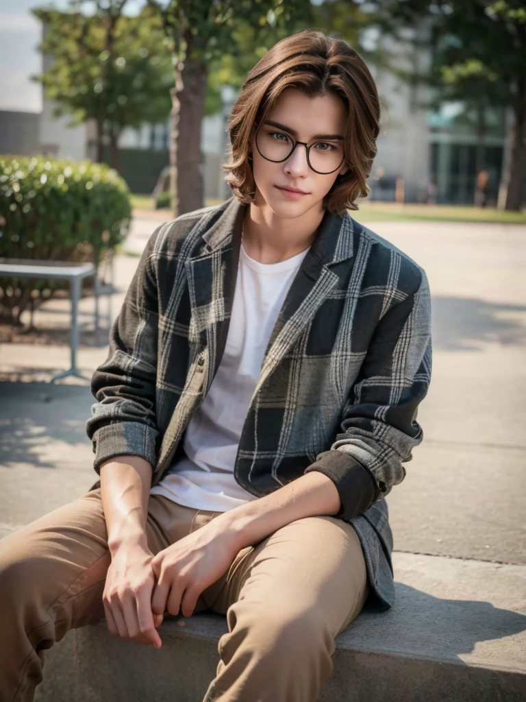 1 teenage boy, detailed eyes, curly brown hair, pale smooth skin, sitting outdoors, black skinny jeans, plaid shirt outerwear, t-shirt, looks like model, (best quality,4k,8k,highres,masterpiece:1.2),ultra-detailed,(realistic,photorealistic,photo-realistic:1.37),hyperrealistic, cinematic lighting, professional photography, natural setting, warm color tones, pale skin ultra realistic soft smooth skin, soft smile, wearing glasses, skater boy vibe, sitting at skatepark, handsome man, very handsome face, white boy with handsome face, shoulder length hair, perfect hands, perfect anatomy, realistic full body, realistic 