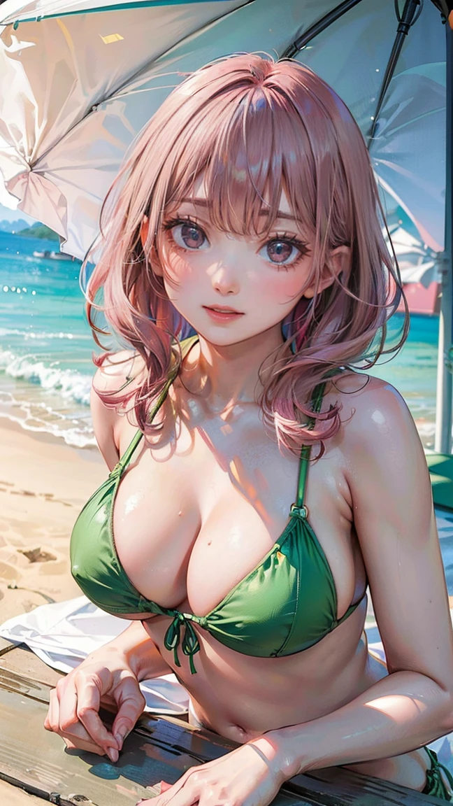 (Masterpiece, BestQuality:1.3), (ultra detailed:1.2), (hyperrealistic:1.3), (RAW photo:1.2), High detail RAW color photo, professional photograph, (Photorealistic:1.4), (realistic:1.4), (Pink Hair:1.5), professional lighting, perfect anatomy, (Big Breasts:1.2), (blush, detailed face), (A happy smile:1.7), sexly, erotic sexly, Random sexy gravure poses, (A girl in a green bikini and flip-flops、Relaxing under a parasol on a tropical beach。:1.3)
